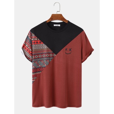 Mens Geometric   Smile Face Print Patchwork Short Sleeve T  Shirts