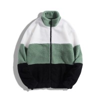 Men Fleece Patchwork Colorblock Stand Collar Zip Jackets